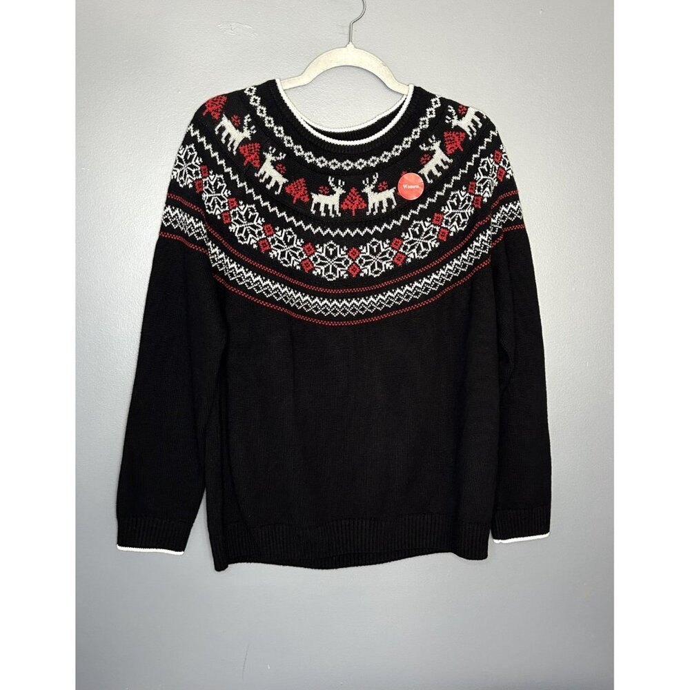 Charter Club Sweater Womens XL Black Red Holiday Fair Isle Reindeer‎ Crewneck
